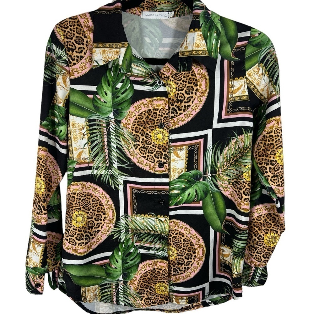 Boohoo Satin Palm Tree Chain Link Blouse Women's Size Small- Made in Italy